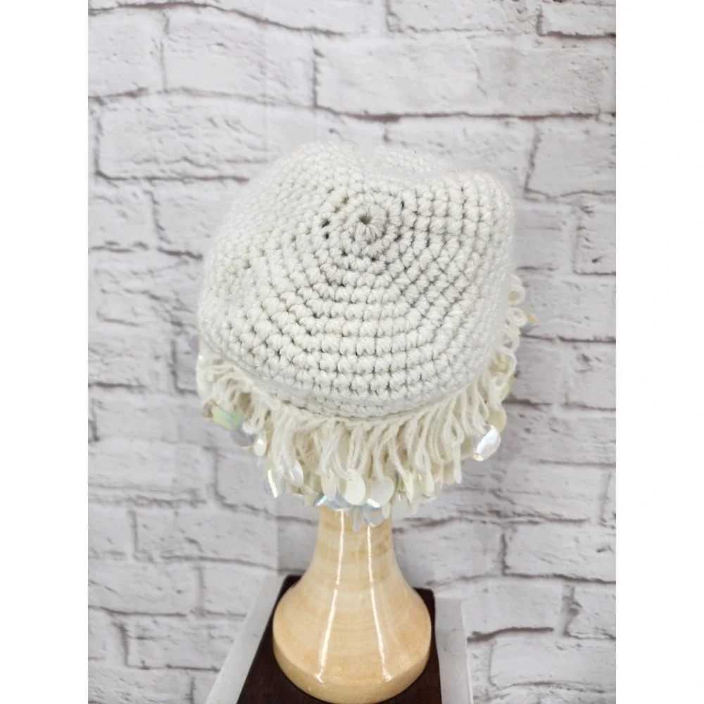 Vintage Crochet Beanie Hat Shimmer Paillettes Twee Euro Winter Chic Winter White